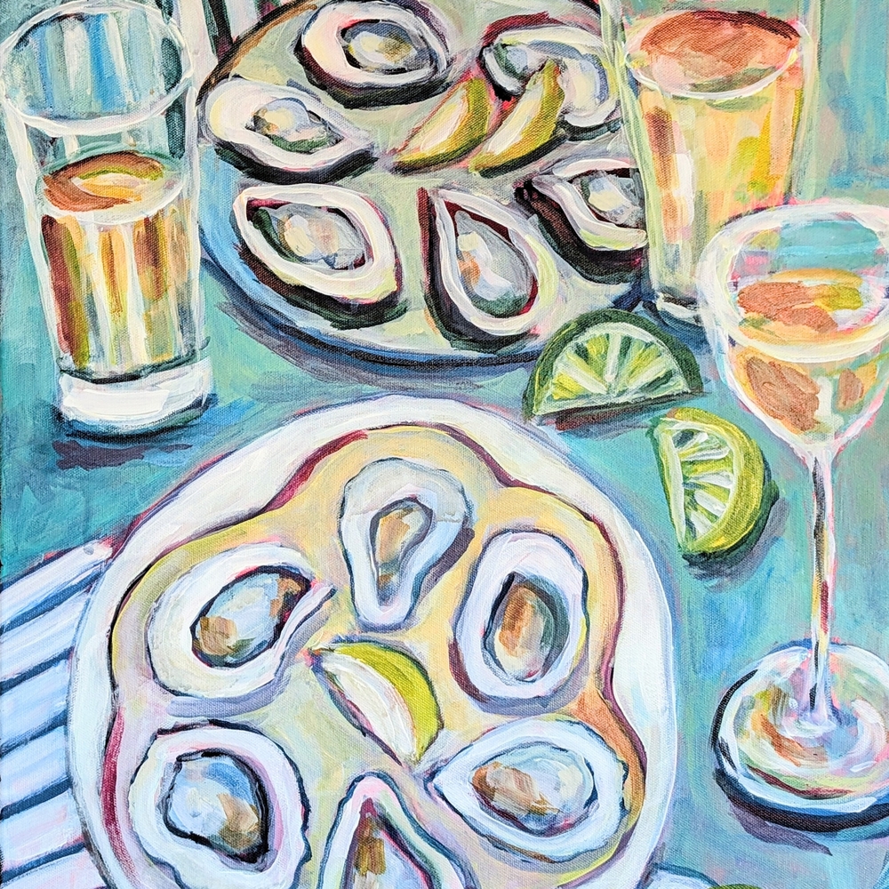 Oysters On The Half Shell Original Acrylic Painting, NWOT Canvas, Artist Signed